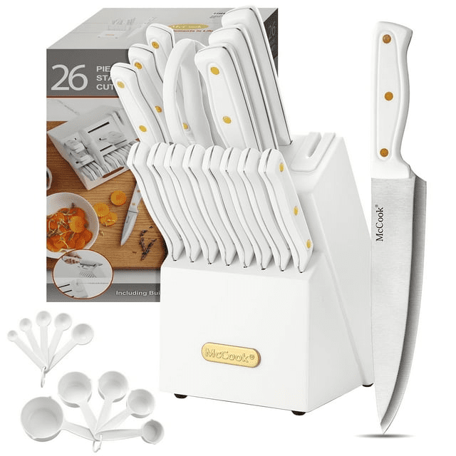 Knife set For Kitchen with Block,McCook MC703 White Kitchen Knife Sets with Built-in Sharpener,Cutlery set with Measuring Cups and Spoons For Cooking Knife set For Kitchen with Block,McCook MC703 White Kitchen Knife Sets with Built-in Sharpener,Cutlery set with Measuring Cups and Spoons For Cooking